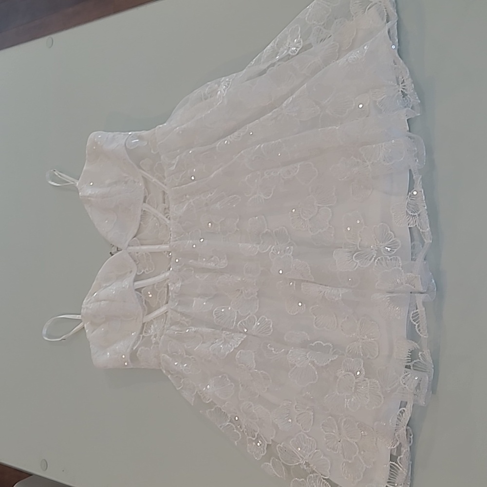 NWOT LULUs Romantic White Sheer Waist Sequined Floral Layered Mini Dress